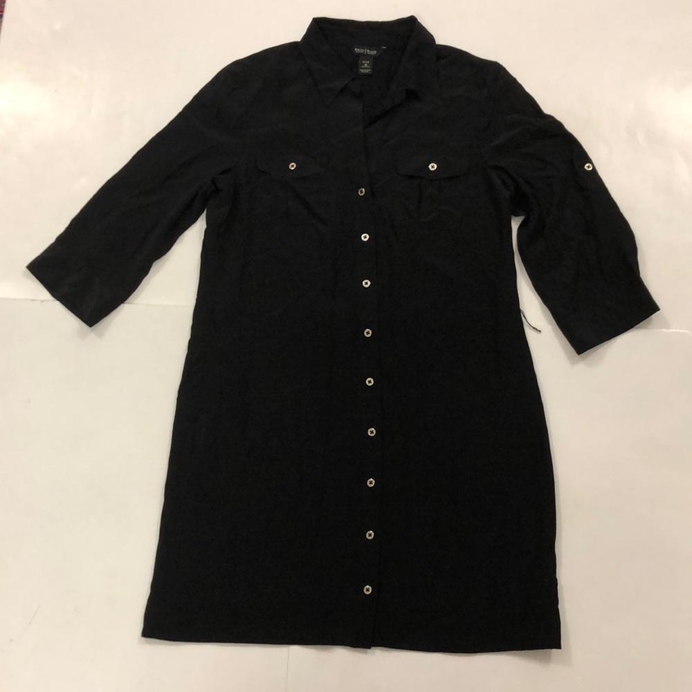 White House 10 Dress Black Market Black Silk Shirt 2 Pocket Excellent Condition
